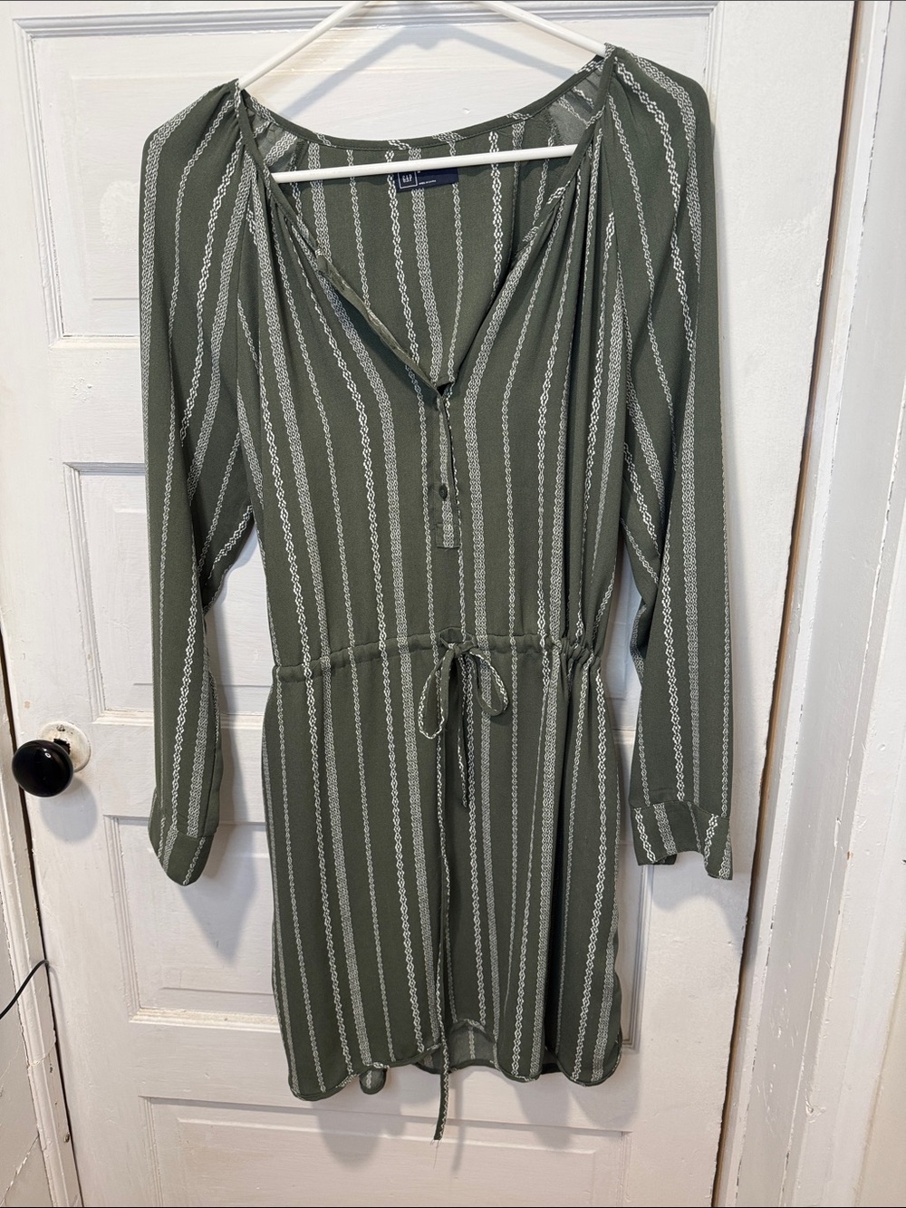 GAP Olive Green Vertical Stripe Drawstring Shirt Dress